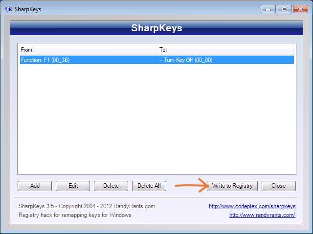 sharpkeys delete k